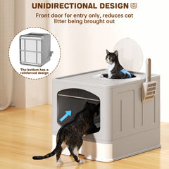 Extra Large Foldable Cat Litter Box with Litter Scoop, Front Entry Top Exit Cat Litter Pan with Lid, Enclosed Anti-Splashing Kitty Litter Box, Drawer Type Cat Litter Easy Cleaning and Scoop, Gray