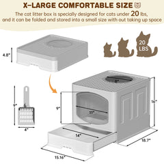 Extra Large Foldable Cat Litter Box with Litter Scoop, Front Entry Top Exit Cat Litter Pan with Lid, Enclosed Anti-Splashing Kitty Litter Box, Drawer Type Cat Litter Easy Cleaning and Scoop, Gray