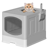 Extra Large Foldable Cat Litter Box with Litter Scoop, Front Entry Top Exit Cat Litter Pan with Lid, Enclosed Anti-Splashing Kitty Litter Box, Drawer Type Cat Litter Easy Cleaning and Scoop, Gray