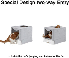 Foldable Cat Litter Box - Top Entry/Front Entry Large Enclosed Litter Box with Cat Litter Scoop, Gray