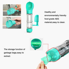 Dog Water Bottle, 4 in 1 Pet Travel Water Cup with Food Box, Shovel,Garbage Bags for Hiking Travel(Turquoise)