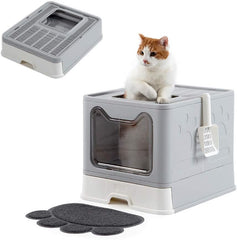 Foldable Cat Litter Box - Top Entry/Front Entry Large Enclosed Litter Box with Cat Litter Scoop, Gray
