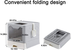 Foldable Cat Litter Box - Top Entry/Front Entry Large Enclosed Litter Box with Cat Litter Scoop, Gray