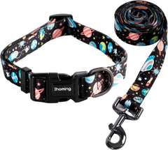 Dog Collar and Leash Set for Daily Outdoor Walking Running Training, Space Design for Small Boys Girls Dogs Cats Pets, S-Up to 20LBS
